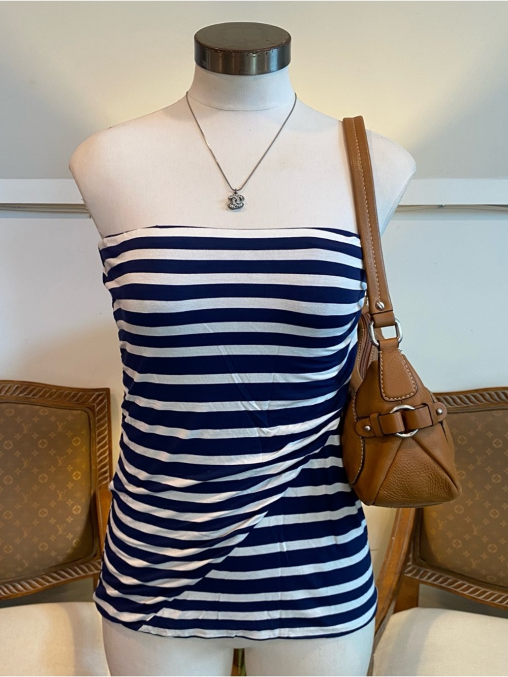 CAbi Navy & White Striped Strapless Blaine Tube Top, Size M, Preppy Resortwear